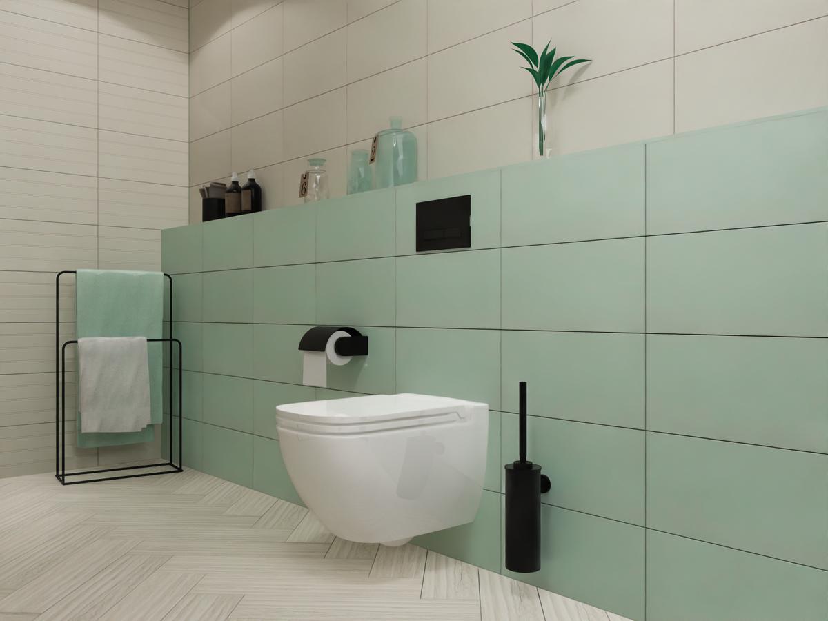 Aranżację łazienki możemy podkreślić akcesoriami w kolorze płytek – miętowy ręczniczek czy kubek to pomysł na dodatki łazienkowe, które w szybki sposób mogą odmienić nasze wnętrze. 